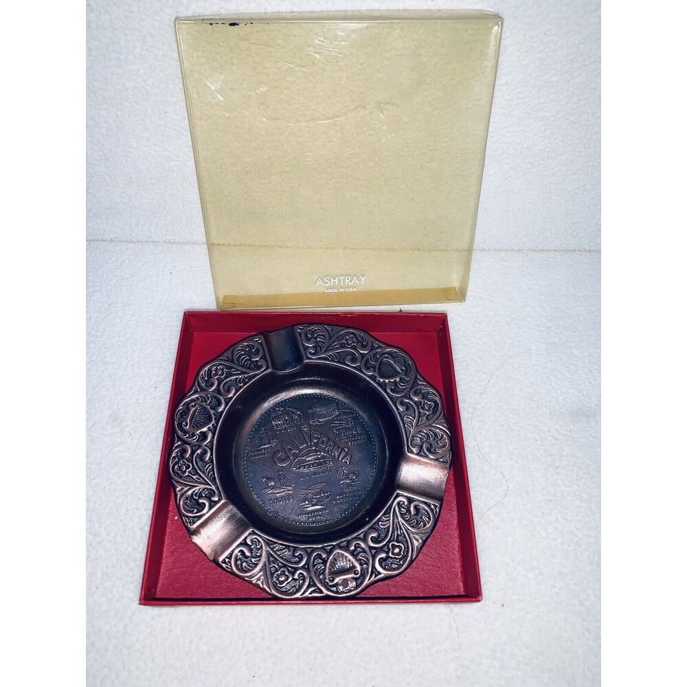 Vtg California Landmarks Souvenir Metal Ashtray 5" Copper Color Made in USA NOS